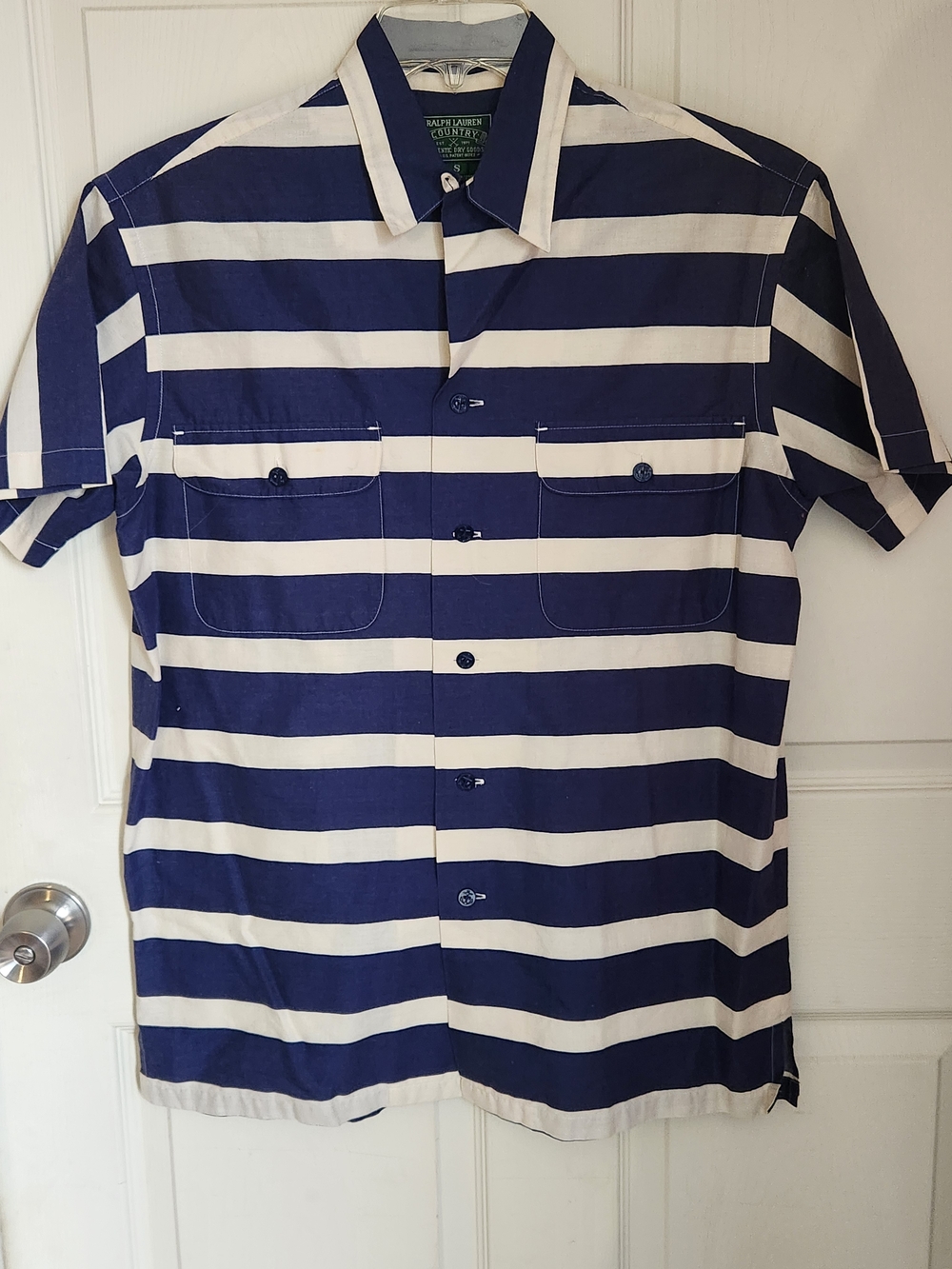 Ralph Lauren Country Blue and Off White Horizontal Stripe Short-Sleeve Button-Up